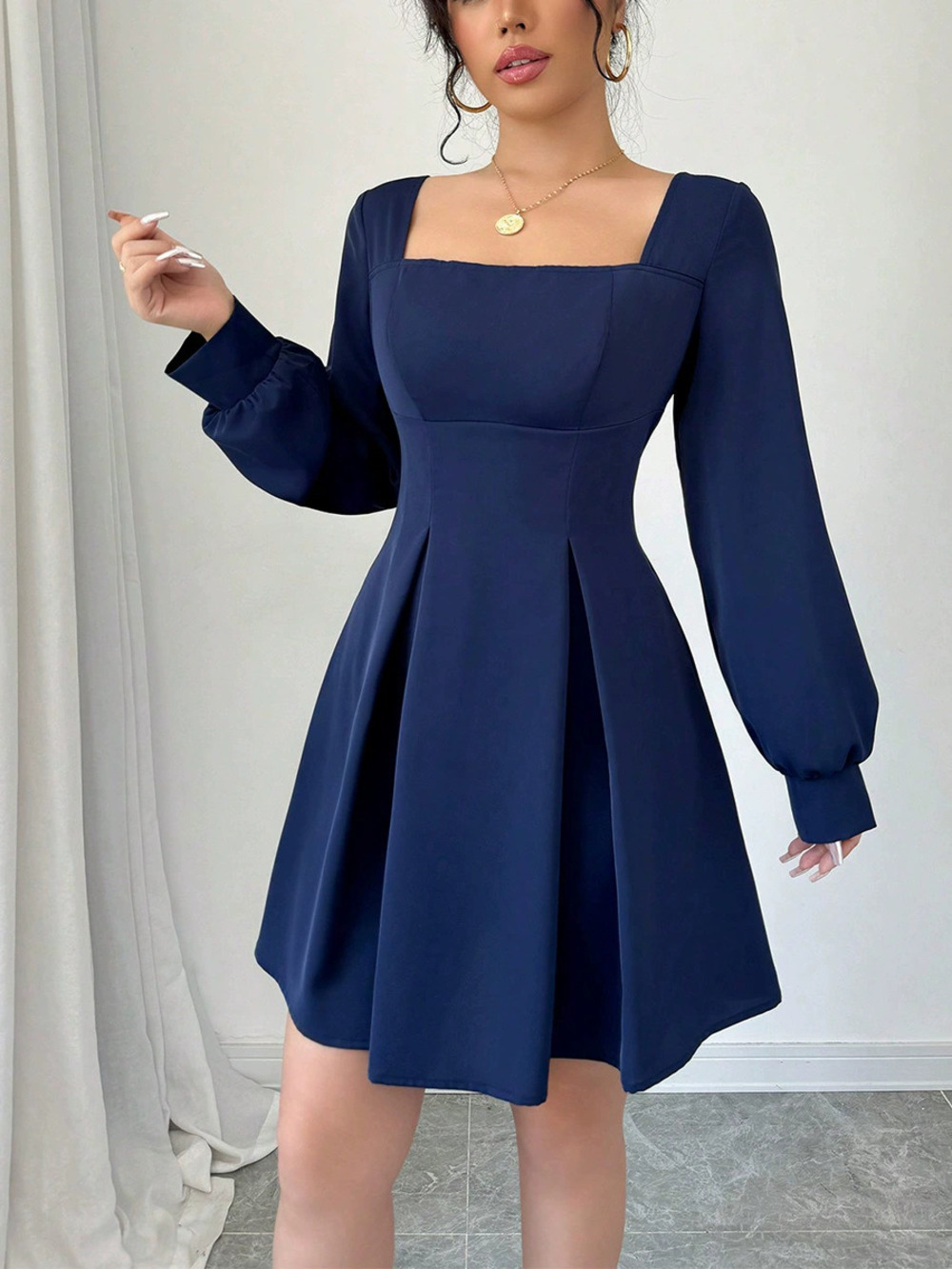 ZARA Womens Long Sleeve Square Neck Waisted Slimming Small Flare A Line Dress